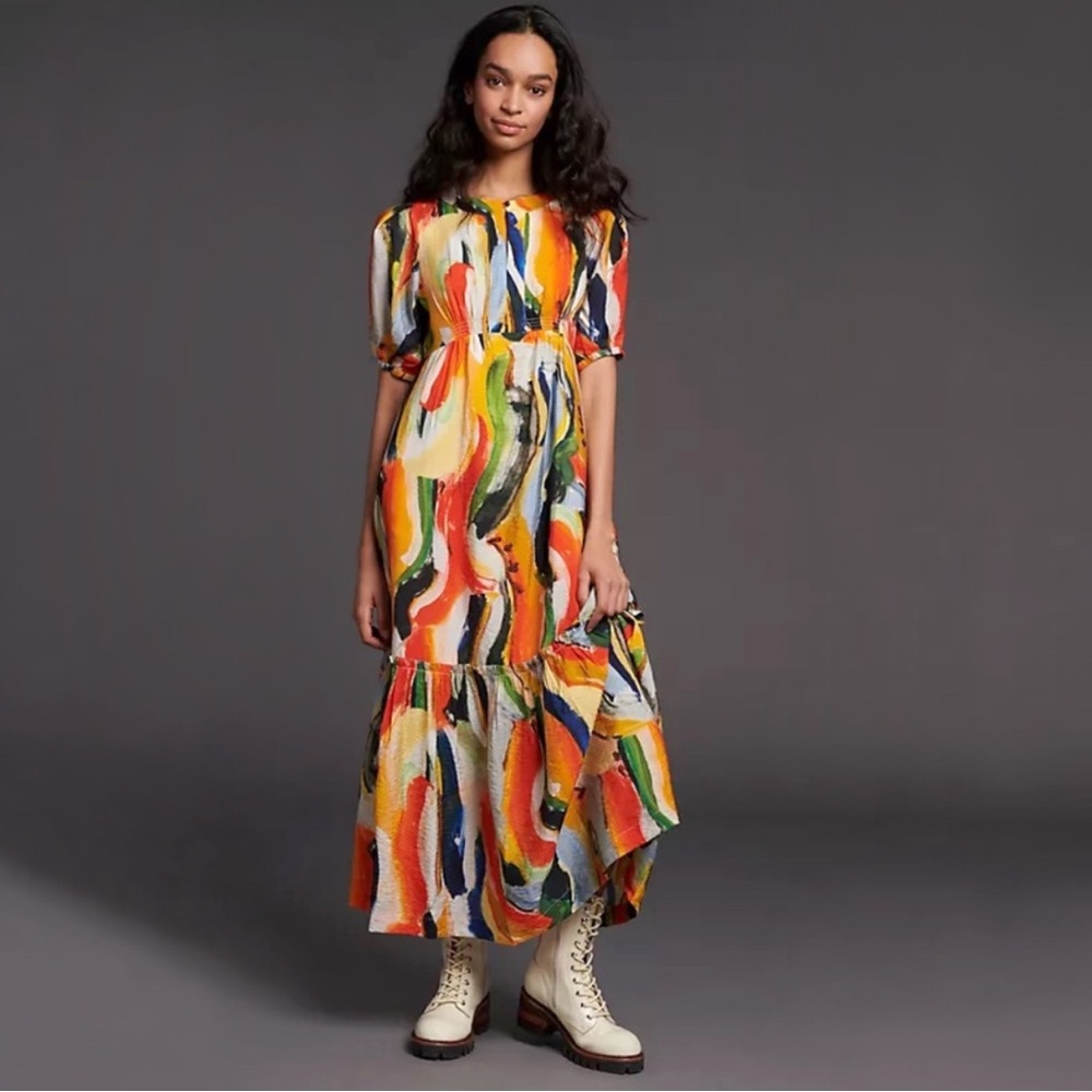 Anthropologie Maeve Suzannah Colorful Rainbow Abstract Printed Art Maxi Dress